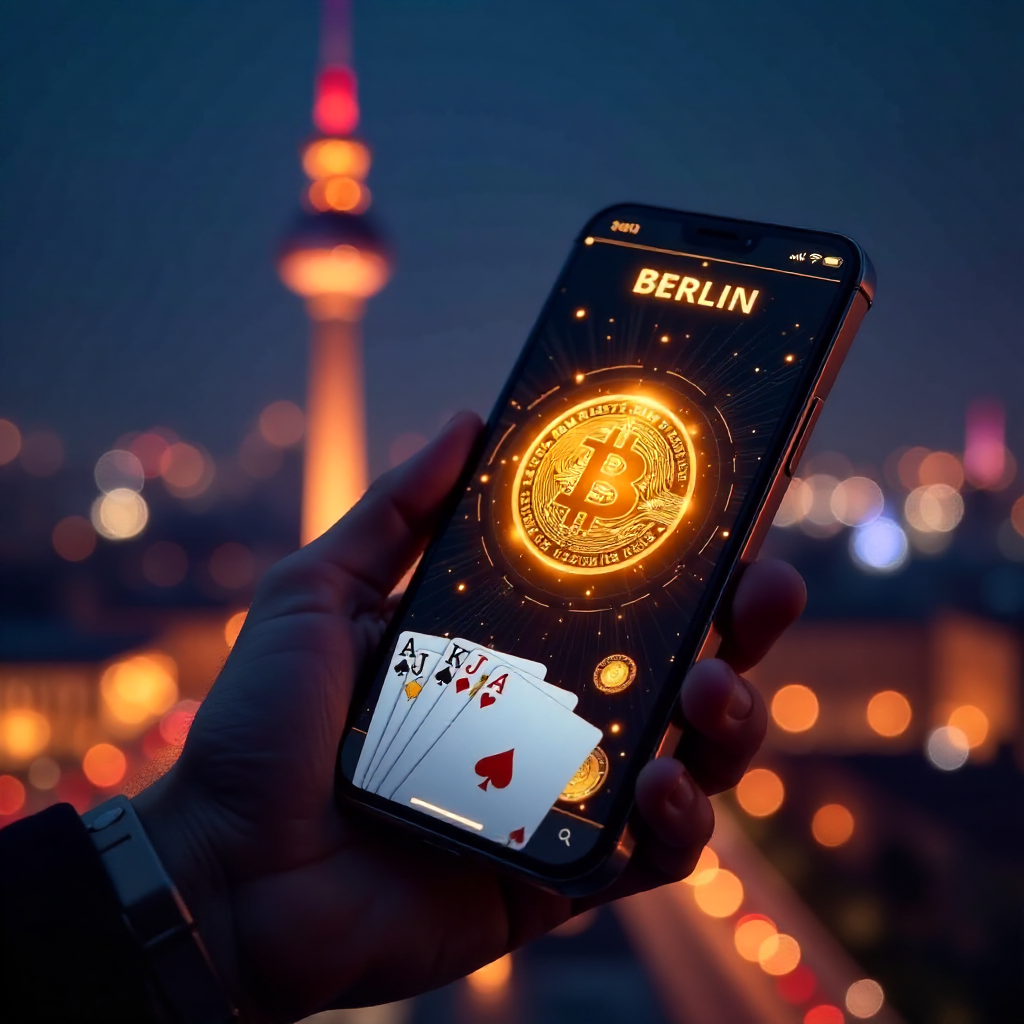 A hand holding a luxury smartphone displaying a high-tech Bitcoin poker app interface with glowing orange and gold accents, background is the Berlin skyline with the TV Tower (Fernsehturm) at night, 3D golden Bitcoin coins and a Royal Flush of playing car